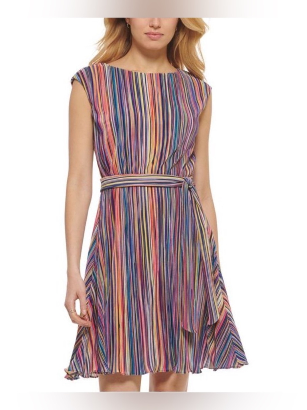 DKNY Womens Navy Striped Cap Sleeve Crew Neck Short Party Fit + Flare Dress 6P - Picture 4 of 11